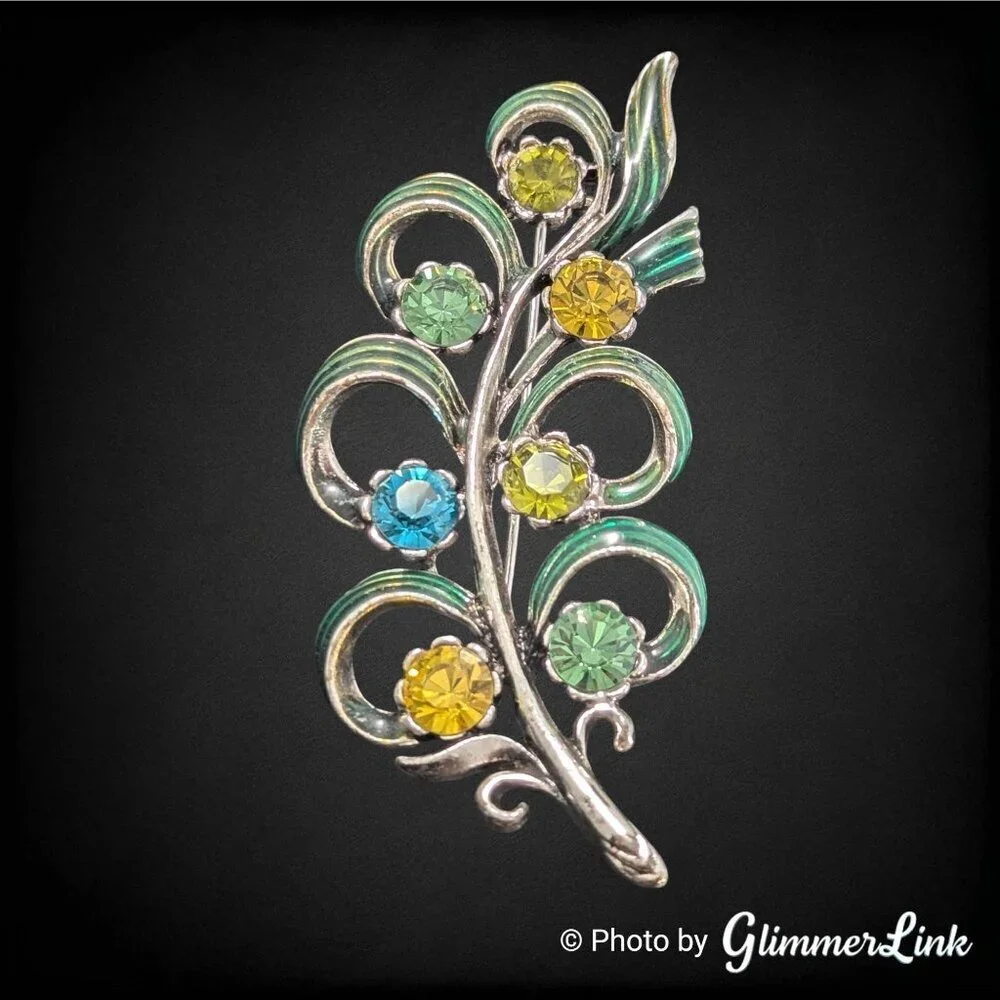 Vintage Enamel Rhinestone Leaf Brooch Silver Tone Green Ribbon Curl Design